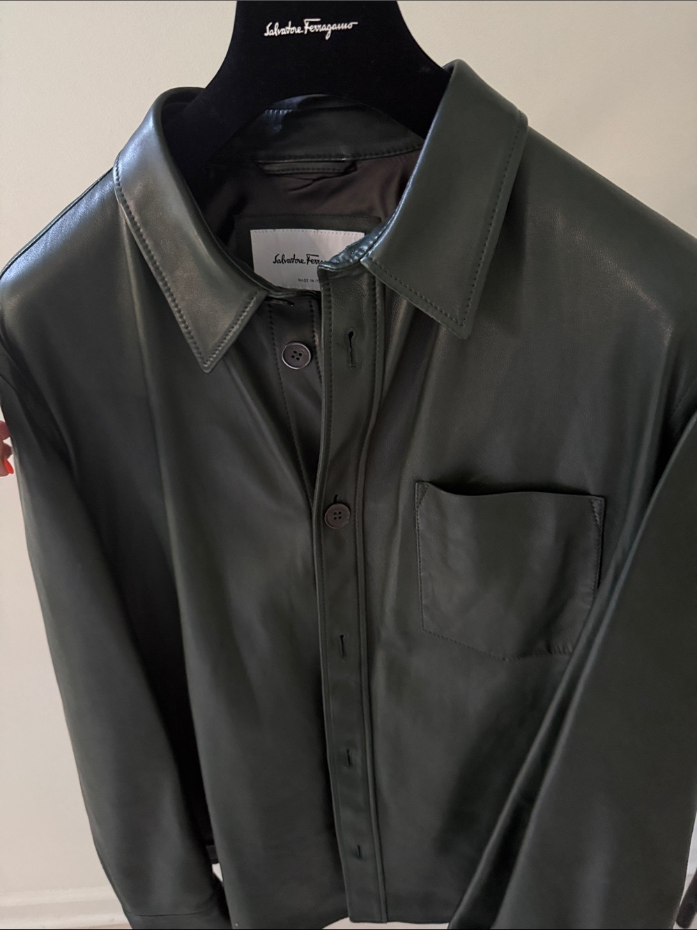 Salvatore Ferragamo Men’s Dark Green Leather Button-Down Shirt